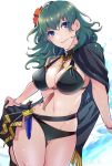  1girl 96ks_3h bikini black_bikini blue_eyes blue_hair breasts byleth_(fire_emblem) byleth_(fire_emblem)_(female) cleavage closed_mouth dagger fire_emblem fire_emblem:_three_houses fire_emblem_heroes flower hair_flower hair_ornament highres large_breasts sheath sheathed smile solo swimsuit twitter_username weapon 