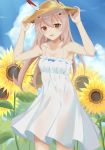  1girl :d adjusting_clothes adjusting_hat alternate_costume alternate_hairstyle armpits ayanami_(azur_lane) azur_lane bare_shoulders blue_sky blurry casual cloud cloudy_sky collarbone contemporary depth_of_field dress flower gekka_(luna_gekka) hair_down hair_ornament hairclip hat headgear highres long_hair looking_at_viewer open_mouth orange_eyes retrofit_(azur_lane) see-through_silhouette shade silver_hair sky smile solo straw_hat summer sunflower white_dress wind 