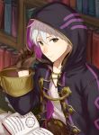  1boy bangs black_coat book bookshelf brown_eyes brown_gloves coat collarbone fire_emblem fire_emblem_awakening gloves hair_between_eyes haru_(nakajou-28) highres hood hood_up hooded_coat indoors long_sleeves male_focus open_book robin_(fire_emblem) robin_(fire_emblem)_(male) runes shiny shiny_hair shirt silver_hair sitting solo white_shirt 