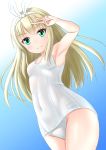  1girl armpits bangs baselard blonde_hair blue_background blunt_bangs breasts commentary_request cowboy_shot frame_arms_girl from_below gradient gradient_background green_eyes hairband highres long_hair looking_at_viewer satsuki_sanae school_swimsuit small_breasts smile solo swimsuit v white_hairband white_school_swimsuit white_swimsuit 