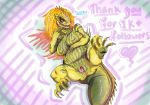 anthro anthrofied anus bed black_eyes blonde_hair blush bodily_fluids breasts capcom claws crossgender cum cum_in_pussy cum_inside dinosaur fanged_wyvern fangs female furniture genital_fluids genitals green_body hair jagras lying monster_hunter nipples open_mouth open_smile pussy reptile scalie simple_background smile solo spikes video_games vipery-07 