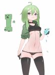  1girl ahoge bangs bigsharkuncle black_gloves cameltoe choker collarbone covered_nipples creeper feet_out_of_frame gloves green_eyes green_hair half_gloves highres long_hair midriff minecraft navel personification simple_background stomach white_background 