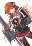  1girl :d arknights bagpipe_(arknights) bangs black_gloves blue_eyes commentary cowboy_shot eyebrows_visible_through_hair gloves green_jacket hand_up highres horns id_card jacket lance long_hair long_sleeves looking_at_viewer mg42cat-k1ng miniskirt open_mouth orange_hair plaid plaid_skirt polearm pouch red_skirt skirt smile solo standing thighhighs weapon white_background wing_collar zettai_ryouiki 