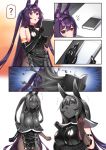  1girl absurdres animal_ears arknights black_cloak book breasts bunny_ears cloak cosplay elbow_gloves encasement gloves hie_(hiememiko) hiememiko highres large_breasts latex purple_eyes purple_hair restrained savage_(arknights) savage_(arknights)_(cosplay) short_eyebrows skirt solo striped trapped two_side_up vertical-striped_skirt vertical_stripes 