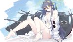  1girl alternate_costume bikini black_hair breasts cannon cleavage eyewear_removed hair_between_eyes haruna_(kantai_collection) headgear headwear_removed highres ieufg kantai_collection large_breasts long_hair looking_at_viewer machinery remodel_(kantai_collection) sandals sitting smile solo sunglasses sweater swimsuit thigh_strap white_bikini white_footwear white_headwear white_sweater yellow_eyes 