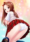  1girl ass bow brown_eyes brown_hair from_behind hair_bow idolmaster kneeling looking_back minase_iori open_mouth panties pleated_skirt red_bow red_skirt school_uniform skirt solo underwear upskirt white_panties 