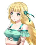  1girl blonde_hair breasts brown_gloves cleavage fingerless_gloves fire_emblem fire_emblem:_three_houses fire_emblem_heroes flower gloves green_eyes hair_flower hair_ornament ingrid_brandl_galatea kakiko210 long_hair open_mouth simple_background solo swimsuit upper_body white_background 