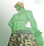  anthro belt blue_eyes bottomwear brown_hair claws clothed clothing fan_character green_body hair hand_on_hip horn lizard male muscular muscular_male open_mouth open_smile pants reptile scalie smile solo teeth vipery-07 