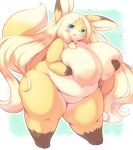  anthro areola belly big_areola big_breasts blonde_hair blue_eyes blush breasts canid canine female fur genitals hair hand_on_breast hi_res huge_breasts kemono long_hair looking_at_viewer mammal nipples nude overweight overweight_anthro overweight_female pussy radiowave simple_background solo yellow_body yellow_fur yellow_tail 