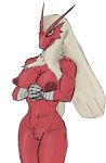  anthro avian big_breasts blaziken blue_eyes breasts cracking_knuckles female genitals looking_at_viewer nintendo nipples pok&eacute;mon pok&eacute;mon_(species) pussy pussy_tuft red_body solo video_games yamagah 