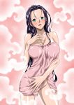  1girl black_hair breasts cleavage collarbone covering fingernails green_eyes groin hair_slicked_back hand_up large_breasts long_hair looking_at_viewer naked_towel nel-zel_formula nico_robin nude_cover one_piece open_mouth pink_towel solo steam towel wet wet_face wet_hair wet_towel 