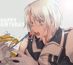  1boy allen_walker bangs blue_eyes d.gray-man eyebrows_visible_through_hair facial_mark feeding fork gloves grey_background hair_between_eyes happy_birthday holding holding_fork jacket k1207028 long_sleeves male_focus open_mouth silver_hair simple_background solo timcanpy upper_body white_gloves 