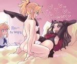  3girls ahoge artist_name artoria_pendragon_(all) ass bed black_hair blonde_hair blue_eyes blush braid breasts censored english_text eyebrows_visible_through_hair fate/apocrypha fate/stay_night fate_(series) french_braid full_body futa_with_female futanari green_eyes heart kneeling legs_up long_hair long_sleeves looking_at_another lying mordred_(fate) mordred_(fate)_(all) multiple_girls nude on_back on_bed one_eye_closed open_mouth pillow ponytail saber skirt small_breasts spread_legs standing sweatdrop teeth thighhighs tohsaka_rin tongue twitter_username upper_body vaginal walk-in watermark yurifucker 