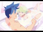  2boys ass bath bathroom bathtub blue_hair blush c_han25 clenched_hand commentary_request earrings galo_thymos green_hair hands_on_another&#039;s_shoulders highres jewelry legs legs_up lio_fotia looking_at_another multiple_boys muscle promare purple_eyes sketch spiked_hair sweat yaoi 