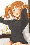  1girl absurdres alcohol birthday black_shirt blush cake drunk eyebrows_visible_through_hair food green_eyes highres holding holding_hair idolmaster idolmaster_(classic) katsu_(kana) older orange_hair pastry_box seiza shirt sidelocks sitting solo strong_zero table takatsuki_yayoi twintails 