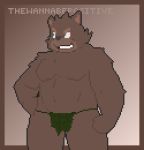  barazoku blue_eyes brown_body brown_fur digital_media_(artwork) fur leaf_clothing male mammal mostly_nude muscular pixel_(artwork) scampikek simple_background smile solo ursid 