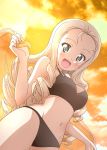  1girl :d absurdres bikini black_bikini blonde_hair breasts cloud cloudy_sky cowboy_shot drill_hair dutch_angle girls_und_panzer green_eyes highres holding holding_towel kanau long_hair looking_at_viewer looking_down marie_(girls_und_panzer) medium_breasts navel open_mouth orange_sky orange_towel outdoors sky smile solo standing sunset swimsuit towel 