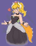  5_fingers blonde_hair blue_eyes bowsette_meme bracelet breasts clothed clothing collar crown dress eyebrows eyelashes female fingers fire grin hair horn humanoid humanoid_pointy_ears jewelry limehazard mario_bros meme nintendo ponytail shell simple_background smile solo spiked_bracelet spiked_collar spiked_shell spiked_tail spikes super_crown thick_eyebrows video_games 
