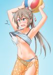  1girl alternate_costume anti_(untea9) armpits bare_shoulders bikini bikini_pull blue_background blue_bikini blue_eyes blush breasts breasts_outside brown_hair collarbone convenient_hand cowboy_shot crying embarrassed hair_ribbon highres holding_beachball kantai_collection kazagumo_(kantai_collection) long_hair midriff navel ponytail ribbon simple_background small_breasts solo swimsuit tsurime wavy_mouth 