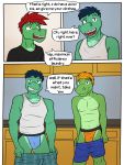  3:4 alligator alligatorid anthro austin_abel bottomwear brother brothers bulge clothed clothing comic crocodilian dialogue diego_abel english_text fuze hi_res jockstrap male navel nipples pants_down partially_clothed reptile scalie sheldon_abel shirt shorts sibling smile smirk t-shirt tank_top texnatsu text topless topwear underwear undressing 