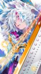  1boy allen_walker blue_eyes d.gray-man facial_mark fur-trimmed_hood fur_trim heterochromia highres hood hood_up male_focus mask mask_removed open_mouth red_eyes silver_hair solo star_(symbol) sword weapon white_hood yamori8484 