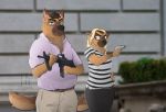  2020 anthro ar-15 belt blonde_hair blurred_background bottomwear canid canine canis clothed clothing collared_shirt digital_media_(artwork) disgruntled domestic_dog duo eyebrows eyewear female german_shepherd glasses green_eyes gun hair hand_on_hip handgun herding_dog holding_gun holding_object holding_weapon ilovejudyhopps khakis male mammal multicolored_body outside pants pastoral_dog pattern_clothing pink_clothing pink_shirt pink_topwear pistol ranged_weapon shaded shirt signature standing striped_clothing stripes thick_eyebrows topwear watermark weapon 