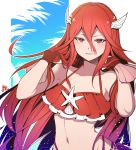  1girl bikini cordelia_(fire_emblem) fire_emblem fire_emblem_awakening fire_emblem_heroes gloves highres long_hair nakabayashi_zun parted_lips red_eyes red_hair solo swimsuit upper_body wing_hair_ornament 