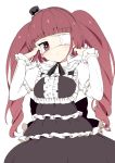  1girl bangs blunt_bangs blush brown_eyes brown_hair curly_hair dress drill_hair eyepatch frills gothic_lolita hanazono_yurine hat jashin-chan_dropkick lolita_fashion long_hair long_sleeves looking_at_viewer mini_hat ribbon simple_background solo tottotonero twin_drills twintails white_background 