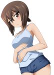  1girl bangs blue_shirt brown_eyes brown_hair camisole casual closed_mouth denim denim_shorts dutch_angle eyebrows_visible_through_hair frown girls_und_panzer hands_on_own_stomach highres kanau looking_at_viewer micro_shorts nishizumi_maho shirt short_hair shorts simple_background solo standing white_background 