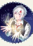  1boy 2018 allen_walker bangs black_vest blue_eyes character_name closed_mouth collarbone collared_shirt cropped_torso d.gray-man dated eyebrows_visible_through_hair facial_mark hair_between_eyes happy_birthday male_focus necktie outstretched_hand shirt silver_hair smile solo star_(symbol) vest white_background white_shirt wing_collar yamabuki_kanon 