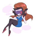  1girl ahoge antenna_hair big_mouth black_pantyhose black_skin blank_speech_bubble blue_skirt blue_vest breasts brown_hair cellphone collared_shirt colored_skin curvy fingernails flip_phone hair_over_eyes hand_on_own_cheek hand_on_own_face hand_to_own_mouth hands_up high_heels highres holding holding_phone invisible_chair kuchidakeonna long_hair long_sleeves nail_polish neck_ribbon no_eyes office_lady open_mouth pantyhose pencil_skirt phone pointy_ears red_footwear red_nails ribbon sharp_teeth shirt sitting skirt smile solo speech_bubble talking talking_on_phone teeth tomatomagica tongue vest white_ribbon white_shirt youkai_(youkai_watch) youkai_watch 