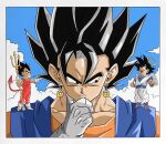  3boys angel angel_and_devil angel_wings black_eyes black_hair blue_background blue_sash blue_shirt bodysuit border close-up closed_mouth commentary demon_horns demon_tail dougi dragon_ball dragon_ball_z earrings feathered_wings gloves halo hand_on_own_chin hand_up highres horns jewelry looking_at_another male_focus medium_hair mini_person multiple_boys open_mouth orange_hair pants pointing pointing_at_another potara_earrings red_bodysuit sash shirt shoulder_angel shoulder_devil smile son_goku spiked_hair stroking_own_chin symbol-only_commentary tail thinking vegeta vegetto wesatinthecar white_border white_gloves white_pants white_shirt white_wings wings 