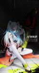  1girl absurdres blood blood_on_clothes blood_on_face blood_stain criss-cross_halter gradient_hair green_blood grey_eyes halterneck high_heels highres laughing multicolored_hair path_to_nowhere solo thighhighs thighs translation_request wendy_(path_to_nowhere) white_hair zaocan_nai_cha 
