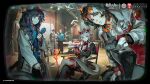  2girls 3boys animal_ears arknights black_hair chinese_clothes chongyue_(all-round_actor)_(arknights) chongyue_(arknights) clip_cliff controller crossed_legs earphones earrings eyewear_on_head fingerless_gloves gloves green_eyes grey_hair gun halo handgun hat highres holding holding_gun holding_remote_control holding_weapon horns jacket jessica_(arknights) jessica_the_liberated_(arknights) jessica_the_liberated_(ride_to_davistown)_(arknights) jewelry long_hair looking_at_viewer microphone multicolored_hair multiple_boys multiple_girls nian_(arknights) nian_(thunderbolt_director)_(arknights) official_art pointy_ears ponytail purple_eyes reading red_eyes remote_control speaker sunglasses tail weapon wings woodrow_(arknights) 