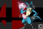  2008 animal_genitalia aura balls canine canine_penis cum cumshot knot lucario male mammal masturbation nintendo orgasm penis pink_penis pok&#233;mon pokemon pose precum profec red_eyes smile solo ssbb super_smash_bros. video_games wallpaper 