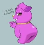 4_fingers beffica_winklesnoot broken_english bugsnax butt english_text fangs female fingers four-pundo fur glistening glistening_eyes grumpus hair monobutt narrowed_eyes pupils purple_body purple_fur purple_hair rear_view red_eyes solo talking_to_viewer teeth teeth_showing text yellow_nose young_horses
