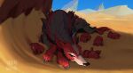  :p anapeixotoart animal artist_name colored_skin cub desert dog highres league_of_legends naafiri no_humans outdoors red_skin sand sleeping tongue tongue_out 