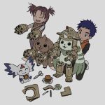  1boy 1girl arm_cannon blue_hair burger cardboard_costume closed_eyes cosplay culumon digimon digimon_tamers dual_arm_cannons food grey_background lee_jianliang lee_shaochung lopmon saintgalgomon saintgalgomon_(cosplay) simple_background takeuchi_(rtakeuchi1535) terriermon weapon 