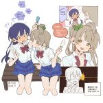  2girls bench blue_hair blue_skirt blush bow bowtie breasts brown_hair chinese_text collared_shirt food hair_bow hair_ornament hand_on_own_chin highres ice_cream licking long_hair loose_hair_strand love_live! love_live!_school_idol_project minami_kotori minamip multiple_girls one_side_up open_mouth otonokizaka_school_uniform plaid_clothes plaid_skirt pleated_skirt red_bow red_bowtie school_uniform shirt short_sleeves shorts simple_background sitting skirt smile sonoda_umi striped_bow striped_bowtie striped_clothes summer_uniform translation_request white_background white_shorts yellow_eyes yuri 