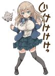  1girl alternate_costume bird blonde_hair blue_eyes breast_expansion breasts highres kneehighs large_breasts long_hair luminous_witches moffy_(luminous_witches) murayama_kei necktie open_mouth shoes simple_background skirt socks standing virginia_robertson white_background world_witches_series 