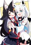  2girls :d absurdres ahoge animal_ear_fluff animal_ears aqua_eyes bell black_hair black_ribbon black_shorts black_skirt blue_neckerchief braid commentary cowboy_shot crossed_bangs detached_sleeves double-parted_bangs fang fox_ears fox_girl hair_between_eyes highres holding_hands hololive hutaba_haru jingle_bell light_blush long_hair long_sleeves looking_at_viewer miniskirt multicolored_hair multiple_girls neckerchief necktie ookami_mio ookami_mio_(1st_costume) open_mouth pleated_skirt red_hair red_necktie ribbon shirakami_fubuki shirakami_fubuki_(1st_costume) shirt shorts skin_fang skirt smile streaked_hair symbol-only_commentary virtual_youtuber white_hair white_shirt wolf_ears wolf_girl yellow_eyes 