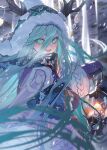  1girl absurdres antlers aqua_eyes aqua_hair beanie bird blue_hat blue_scarf blush breasts fate/grand_order fate_(series) hair_between_eyes hat highres horns lamp light_(nightty45) long_hair long_sleeves looking_at_viewer louhi_(fate) louhi_(second_ascension)_(fate) mittens open_mouth purple_mittens scarf small_breasts smile snow solo sweater white_sweater 