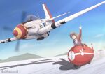  1girl absurdres aircraft airplane charlotte_e._yeager goggles hand_up happy highres jacket looking_at_another military military_uniform military_vehicle motor_vehicle motorcycle mountain orange_hair outdoors propeller_fighter red_jacket salute shade shikabiscuit strike_witches twitter_username world_witches_series 
