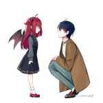  :d absurdres ahoge black_dress blue_eyes blue_hair bobby_socks brown_footwear brown_jacket brown_wings character_request check_character closed_mouth collared_shirt demon_girl demon_horns demon_wings dress eye_contact grey_pants grey_shirt hair_between_eyes harusaki_air highres horns jacket loafers long_hair long_sleeves looking_at_another mary_janes nijisanji ninahachi open_clothes open_jacket pants puffy_long_sleeves puffy_sleeves purple_eyes red_footwear red_hair shirt shoes simple_background sleeveless sleeveless_dress sleeves_past_wrists smile socks squatting standing twitter_username two_side_up very_long_hair virtual_youtuber white_background white_shirt white_socks wings yuzuki_roa 