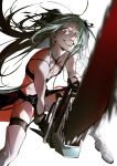  1girl bare_arms bare_shoulders black_shorts blood boots breasts chainsaw cleavage crazy_eyes crazy_smile crop_top foot_out_of_frame green_hair grey_eyes highres holding holding_chainsaw incoming_attack looking_at_viewer open_mouth path_to_nowhere sharp_teeth shorts sleeptight small_breasts smile solo teeth thigh_boots two_side_up waist_cape wendy_(path_to_nowhere) white_background white_footwear 