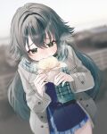  1girl baozi blue_overskirt blue_skirt blue_vest blush coat commentary_request eating food gakuen_idolmaster green_eyes green_hair green_scarf grey_coat hair_flaps hatsuboshi_gakuen_school_uniform highres holding holding_food idolmaster long_hair open_clothes open_coat pleated_skirt scarf school_uniform skirt skirt_set solo steam tsukimura_temari ume_(yuuki-110813) very_long_hair vest 
