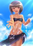  1girl assal_(sennen_sensou_aigis) bandeau bangs bikini black_bikini black_hair bob_cut bracelet breasts collarbone cowboy_shot dark_skin day egyptian hair_ornament hairclip jewelry light_rays looking_at_viewer navel open_mouth red_eyes sarong sennen_sensou_aigis short_hair side-tie_bikini sky small_breasts solo splashing stomach swimsuit tsuboyarou water_drop 