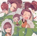  4boys :d :o ace_attorney blush_stickers brown_eyes brown_hair chibi chibi_inset commentary_request crying crying_with_eyes_open folding_fan hair_bun hair_ornament hair_stick hakama hand_fan holding holding_fan japanese_clothes kimono lantern laughing male_focus mnmn0406 multiple_boys multiple_persona paper_lantern phoenix_wright:_ace_attorney_-_spirit_of_justice smile tears uendo_toneido 