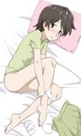  barefoot blush dennou_coil eyewear_on_head feet glasses lying okonogi_yuuko on_side panties panty_pull socks solo toe_scrunch underwear undressing youkan 