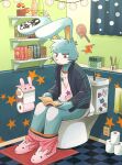 2024 5_fingers absurd_res annoyed anthro aomi_(chico) bathroom bent_legs black_clothing black_jacket black_topwear black_underwear blue_body blue_fur blush book bottomwear bottomwear_down bunny_slippers clothed clothing fingers footwear fur half-closed_eyes hi_res incense incense_stick inside jacket japanese_description lagomorph lamp lava_lamp leporid looking_down male mammal narrowed_eyes pants pants_down partially_clothed public_restroom rabbit reading reading_book red_eyes restroom_stall serious shirt shoes sitting_on_toilet slippers solo sticker toilet toilet_paper topwear torasansousaku_(artist) underwear underwear_down white_clothing white_shirt white_topwear